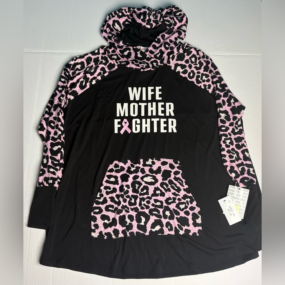 Lularoe Amber Women 3XL Shirt Hoodie Black Pink Leopard Cancer Survivor New